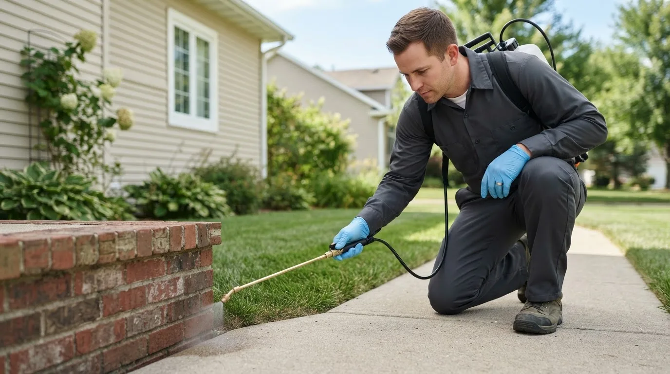 Pest control technician treating a home near Lindale, TX